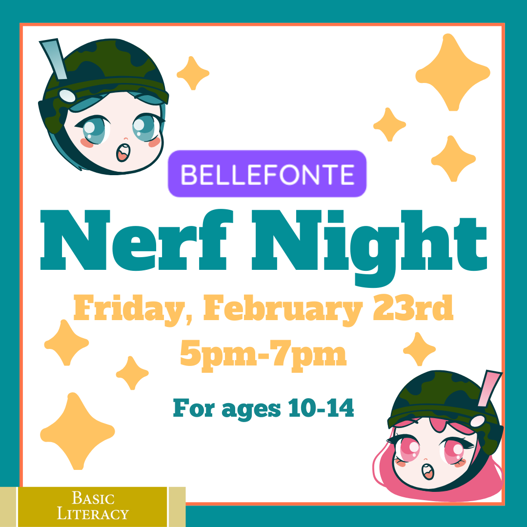 Bellefonte. Nerf Night. Friday, February 23rd, 5 PM - 7 PM. For ages 10-14. Pictures of the head of a boy and a girl wearing camo hats. Graphics of stars.