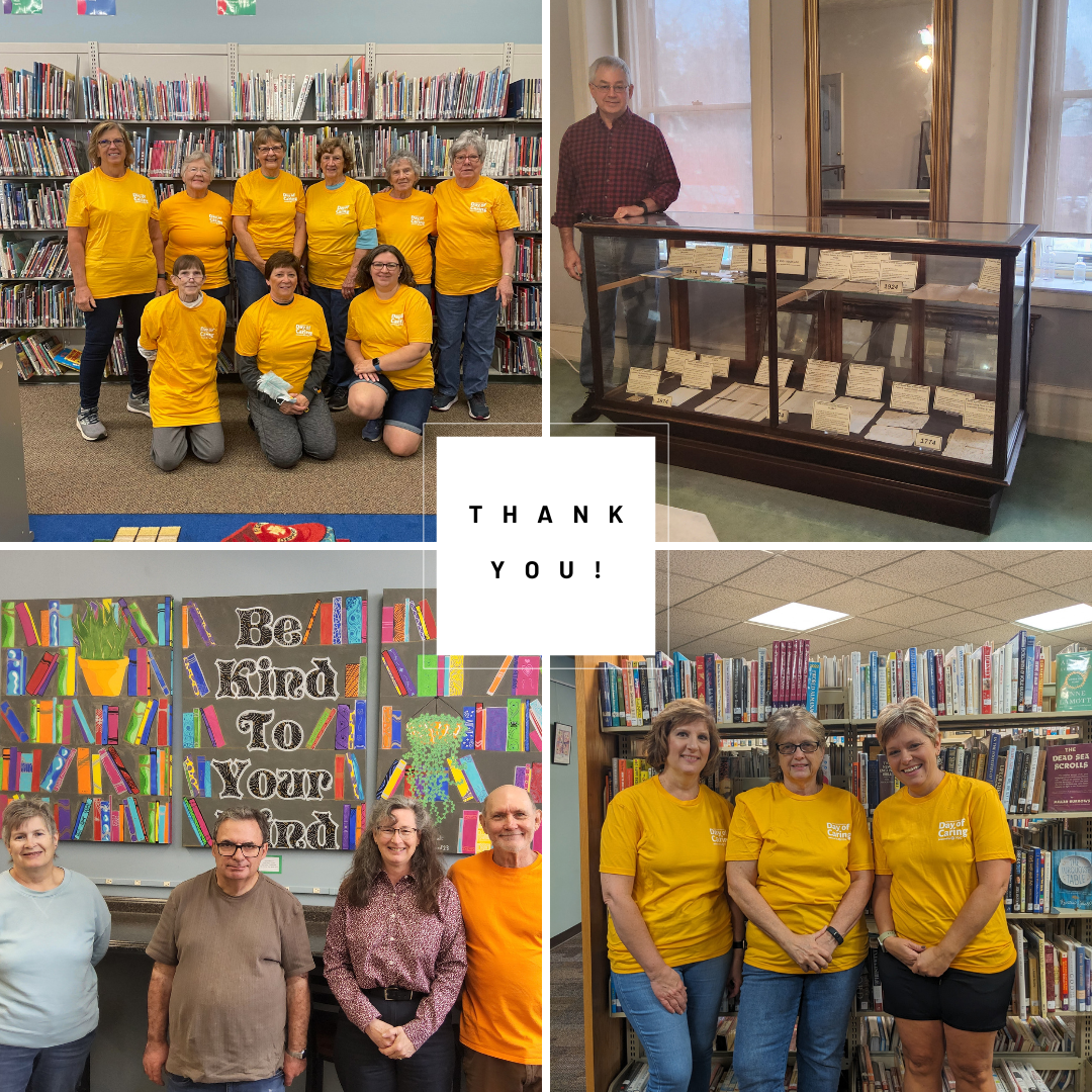 Graphic with 4 framed photographs of volunteers that has a square that says, "Thank you," in the middle. The top left is a photograph of volunteers from the DAR that cleaned the Bellefonte Library in 2023. The top right is a photograph of Historical Museum volunteer, Rick Rishel. The bottom left is a picture of Bellefonte Library volunteers. The bottom right is a picture of volunteers that cleaned the Holt Memorial Library in 2023.