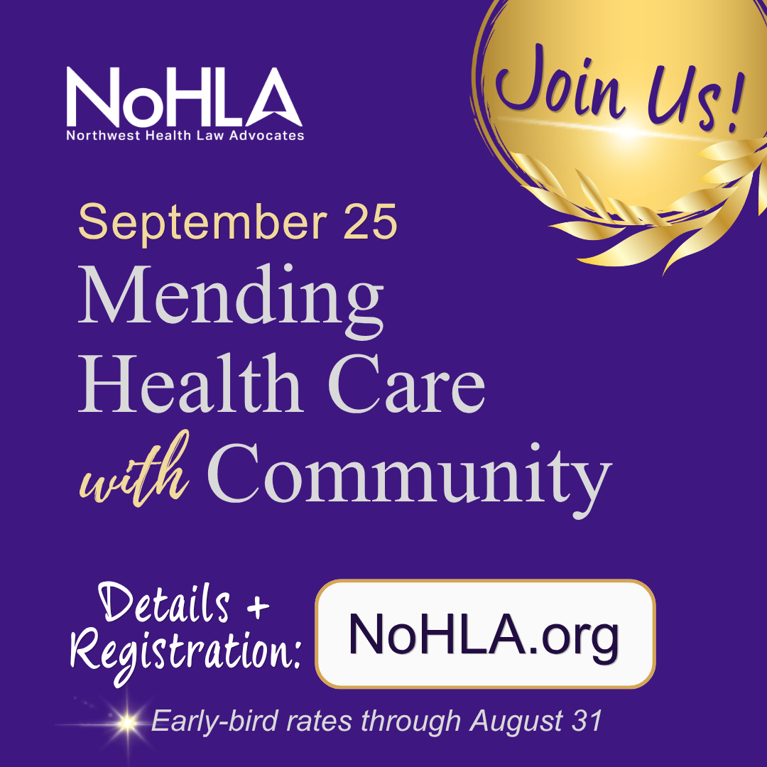 purple background with gold highlights, NoHLA logo, and text that reads Join Us! September 25, Mending Health Care with Community, Details and Registration: NoHLA.org, Early-bird rates through August 31