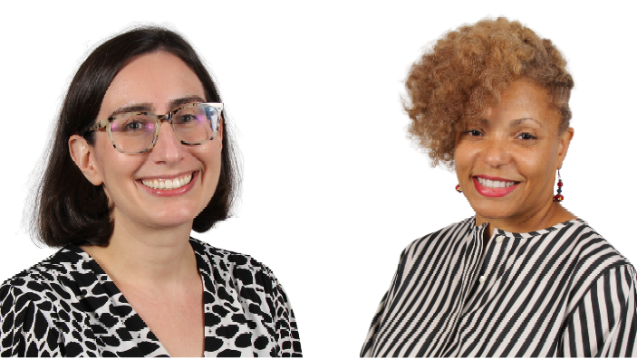 headshots of two smiling women both wearing black and white patterned shirts