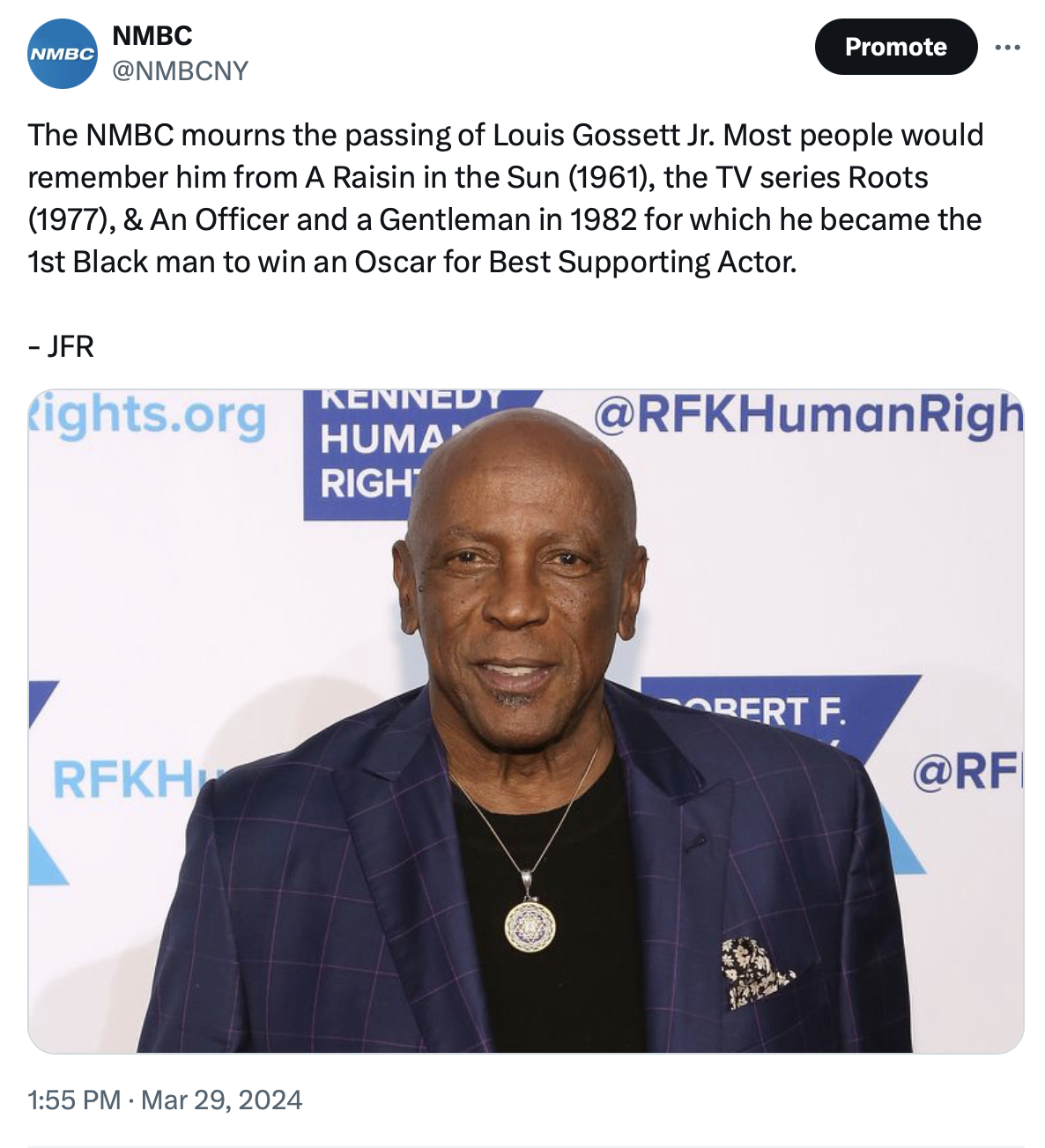 The NMBC mourns the passing of Louis Gossett Jr. Most people would remember him from A Raisin in the Sun (1961), the TV series Roots (1977), & An Officer and a Gentleman in 1982 for which he became the 1st Black man to win an Oscar for Best Supporting Actor.  -JFR John F. Robinson