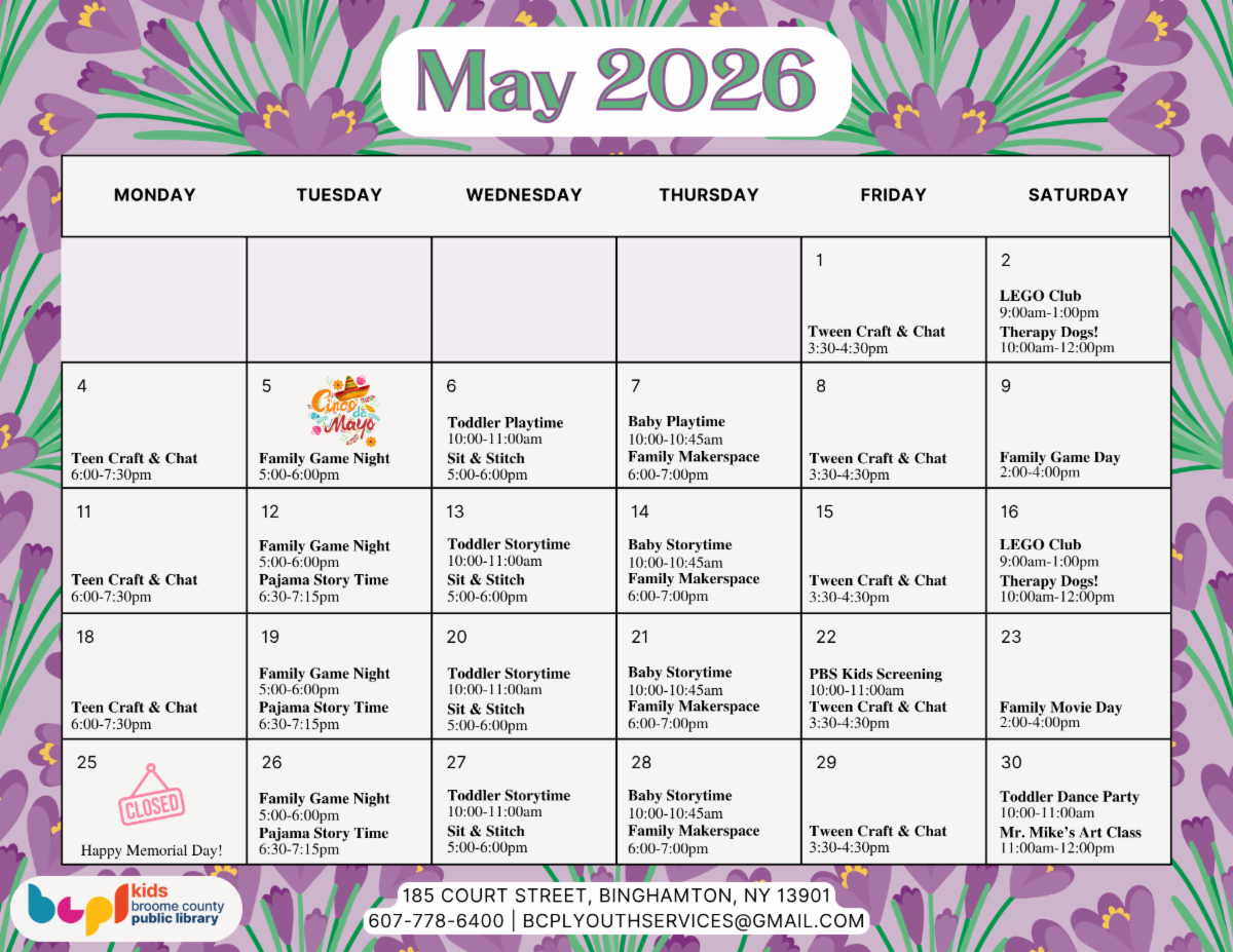 May 2026 Youth Services Calendar. Click the image to open the calendar as a PDF.