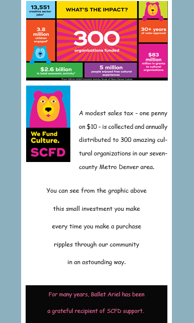 A screenshot of Ballet Ariel's newsletter, which includes an SCFD impact graphic and a thank you to SCFD 