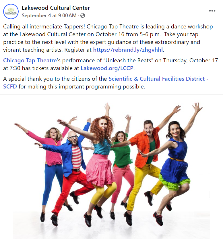 A screenshotted Facebook post by Lakewood Cultural Center that features a shout out to the residents of the Denver metro area who support SCFD. 