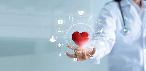 Medicine doctor holding red heart shape in hand with medical icon network connection modern virtual screen interface_ service mind and medical technology network concept