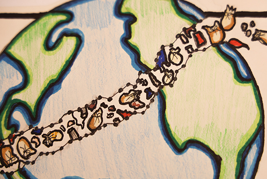 Detail in a colored pencil artwork depicting a line of trash going through planet earth