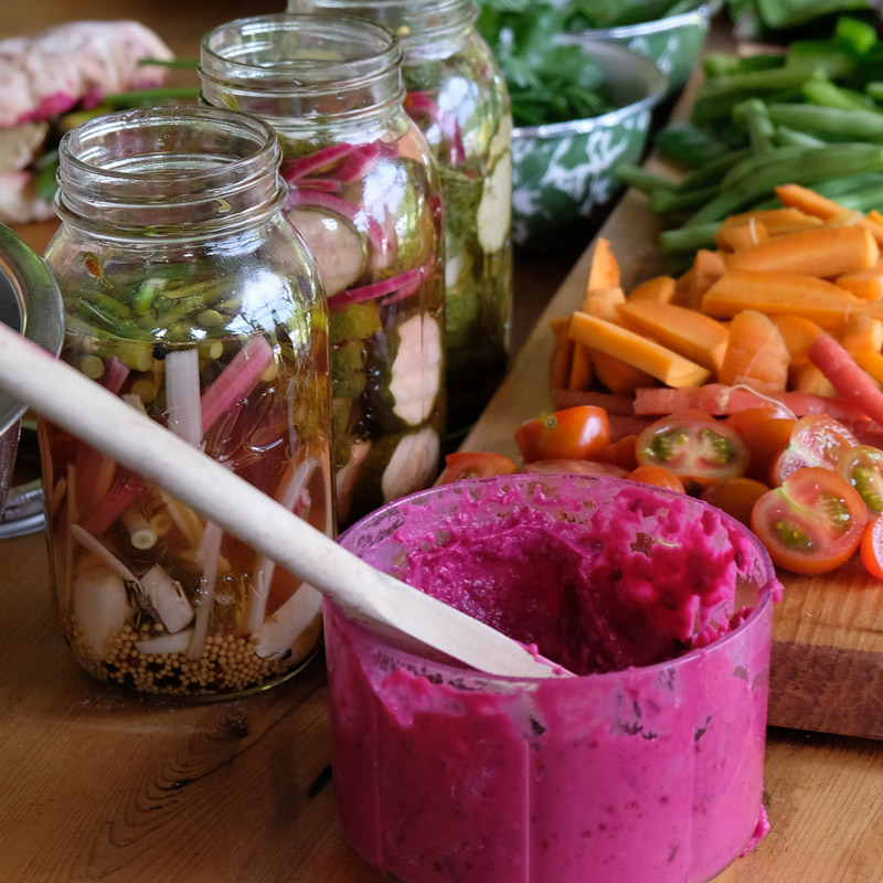 Bright red beet dip and assorted vegetables displayed on an outdoor wooden table