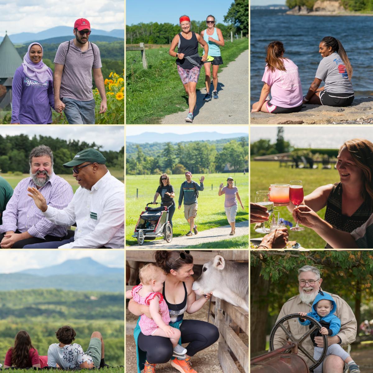 a collage of nine images showing people enjoying the Shelburne Farms campus