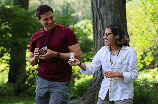 A slideshow of images showing groups of educators learning around a farm in summertime