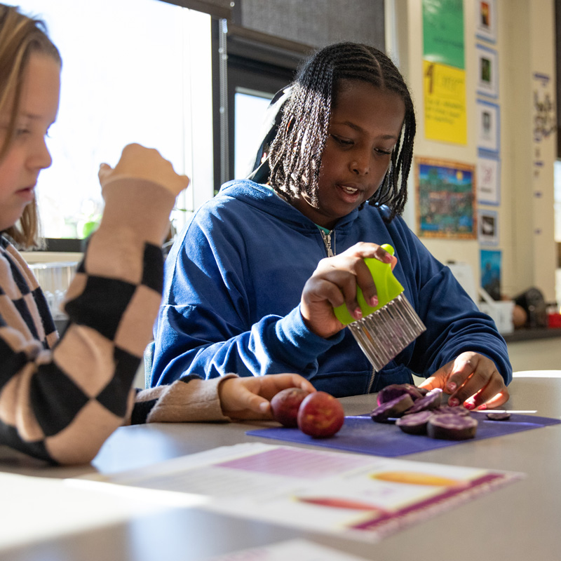 Two students at a desk in a classroom, working on a cooking project with potatoes.