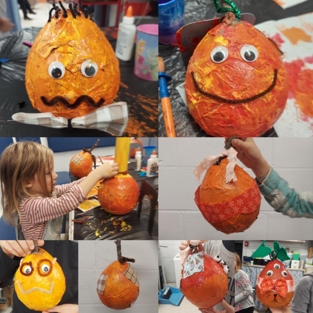 Home School Art photo montage of finished paper mache pumpkins
