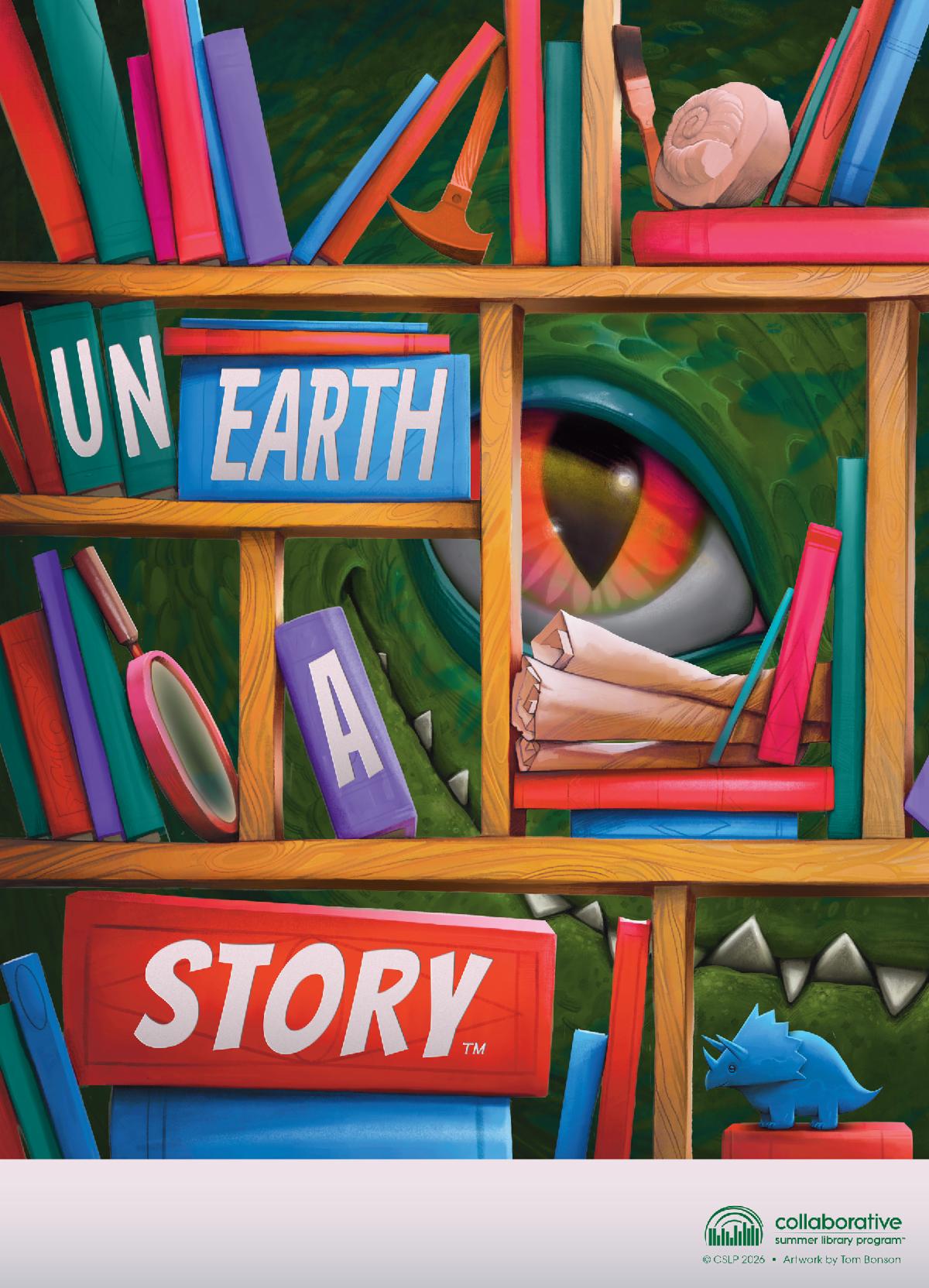 Unearth a Story SRP Poster with dino looking through bookshelf
