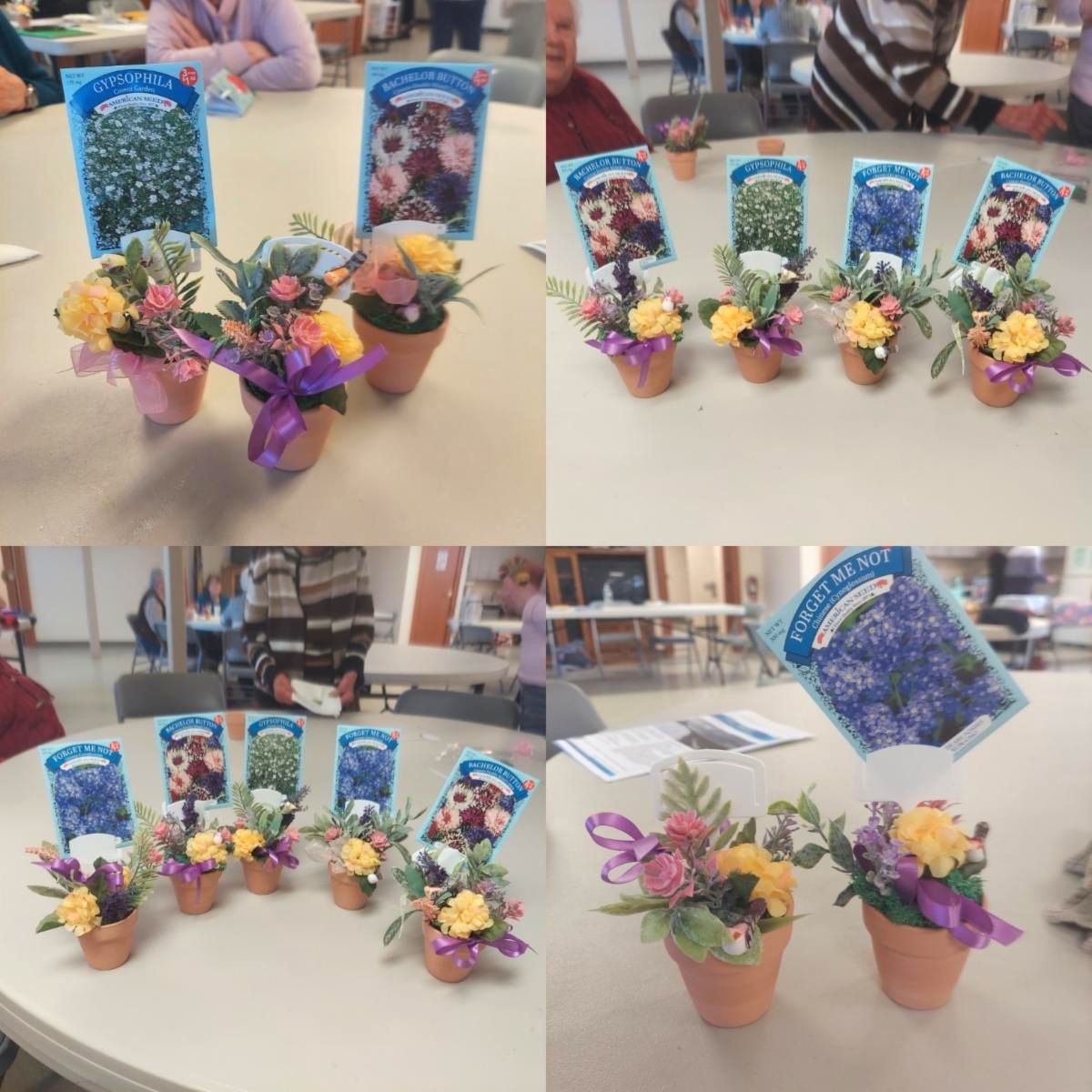Photo collage of senior craft projects small floral arrangement with seed packets