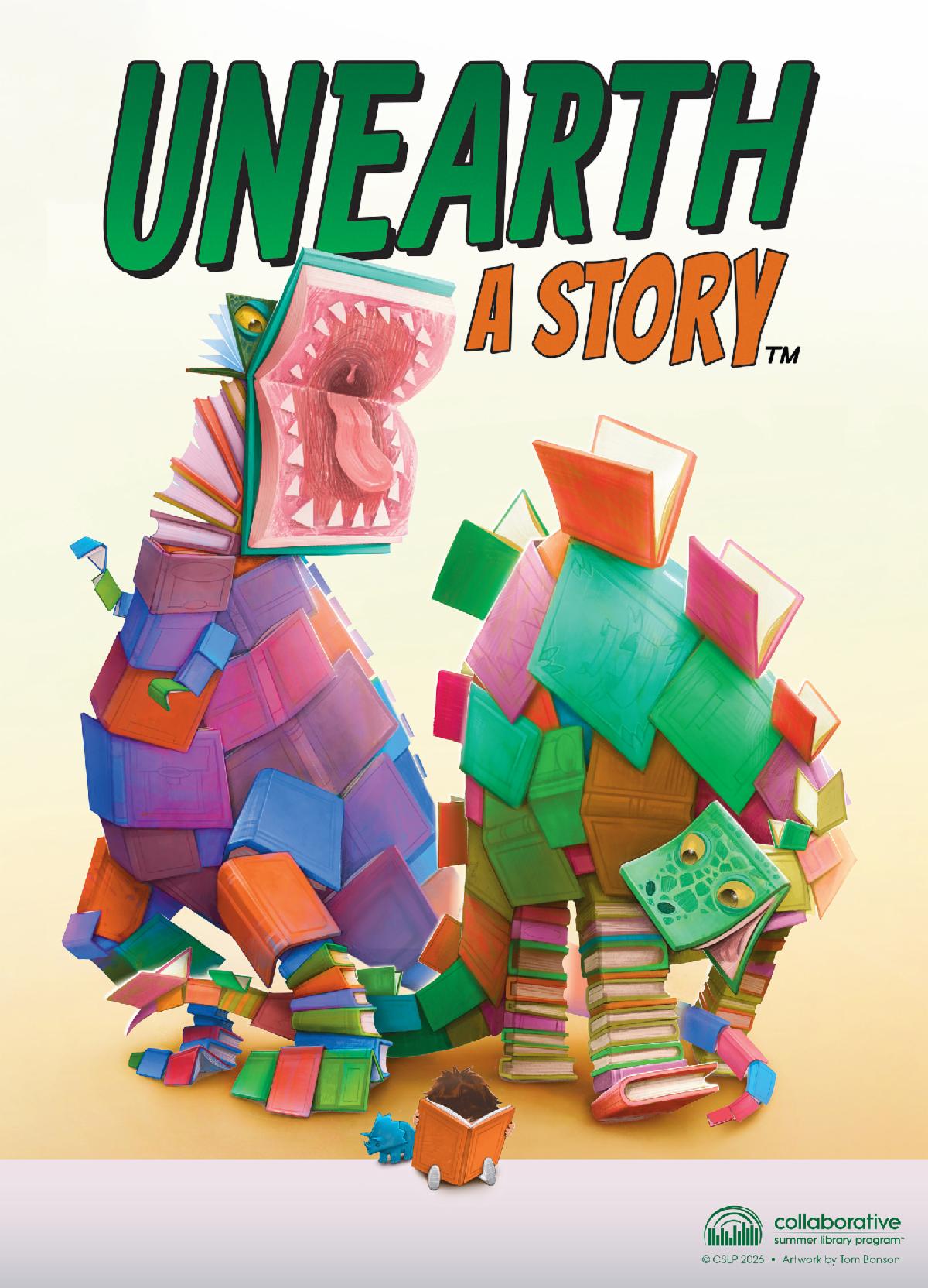 Unearth a Story SRP poster with dinos made from books