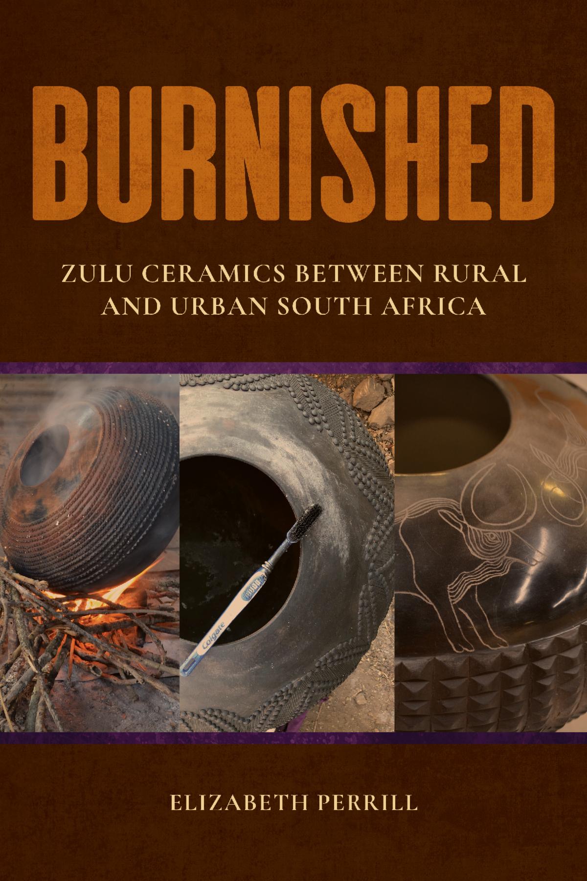 Partial images of three spherical vessels one over a fire one with a toothbrush on its rim and the final displaying etched images of cattle