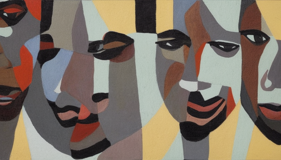 An abstract art image of black and white male faces
