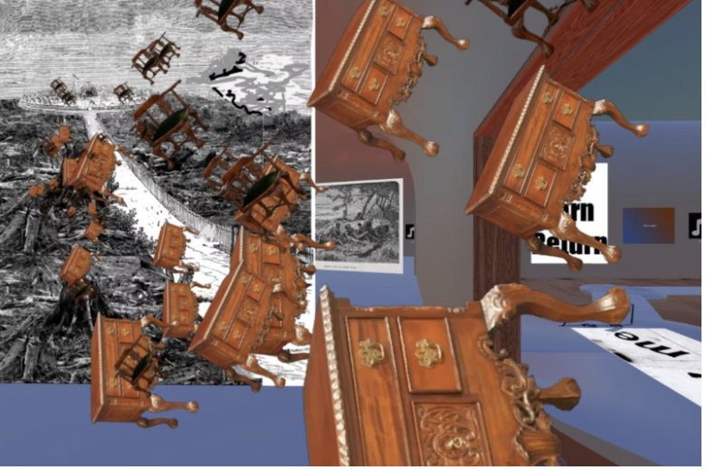 An image of the capital of King M'tesa of Buganda Africa with mahogany chest of draws floating towards the viewer.