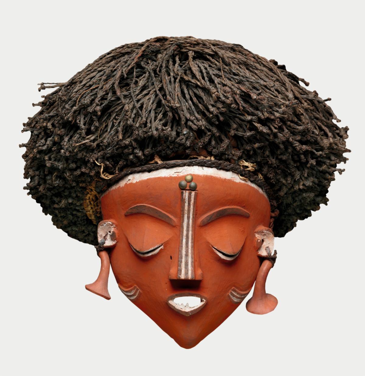 red and white mask with earrings and fiber wig