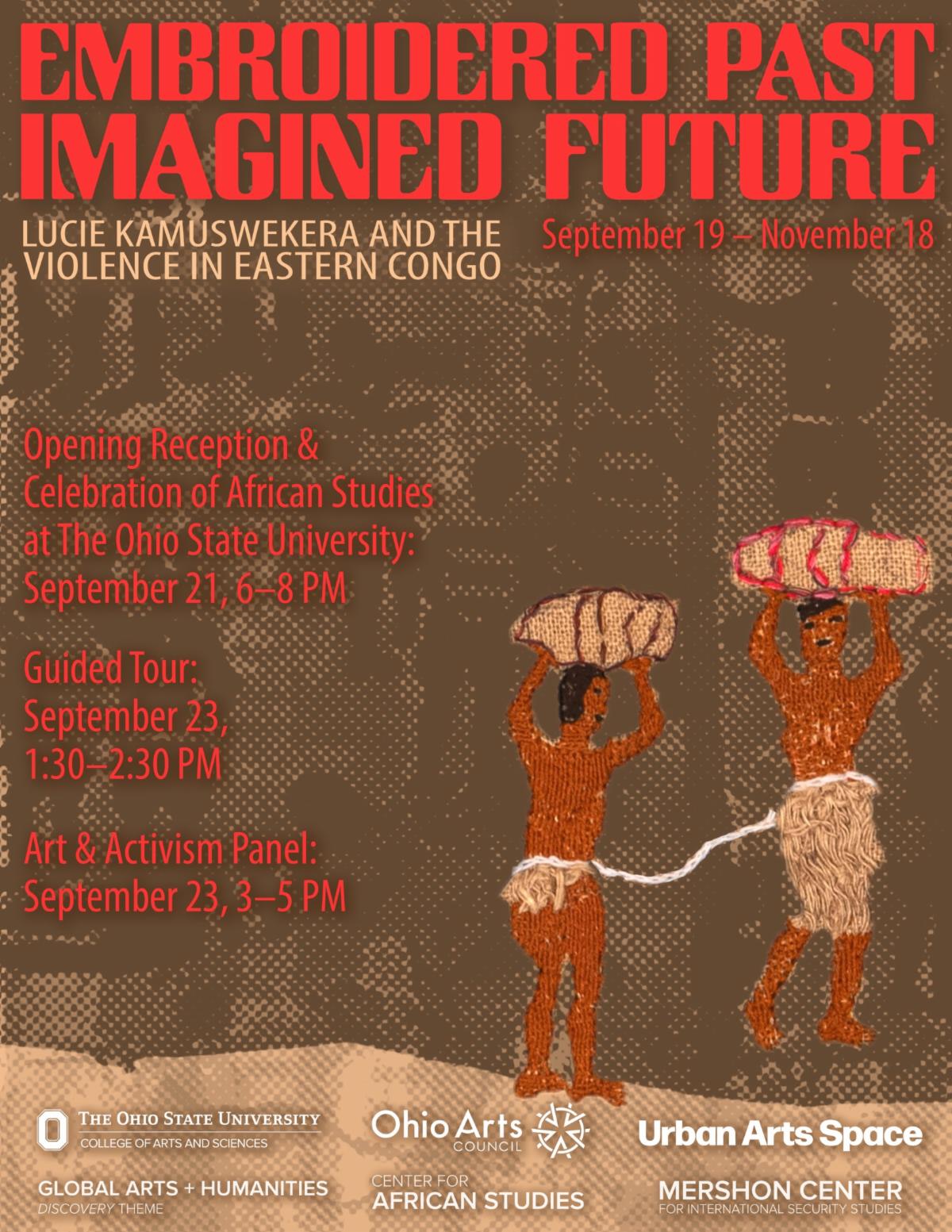 title and exhibition information against. brown background 