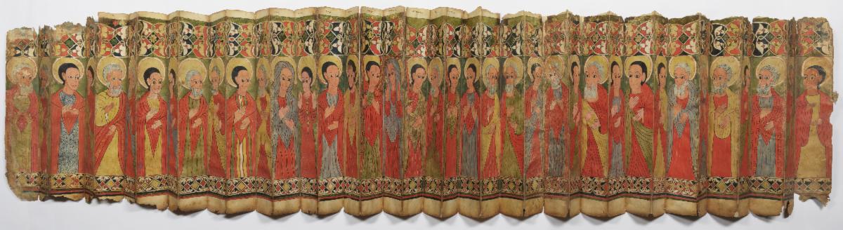 38 standing male and female figures framed at top and bottom by a decorative border