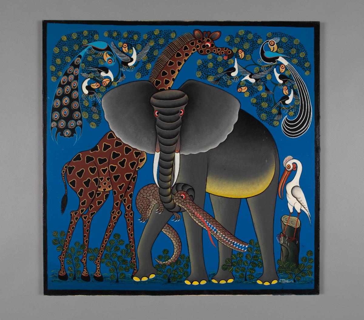 A joyful stylized (not life-life) square painting of an elephant, giraffe, crocodile and several birds on a deep blue background