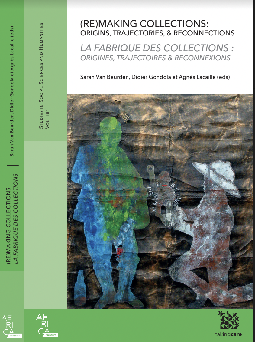 book cover with painting of two figures and African art object 