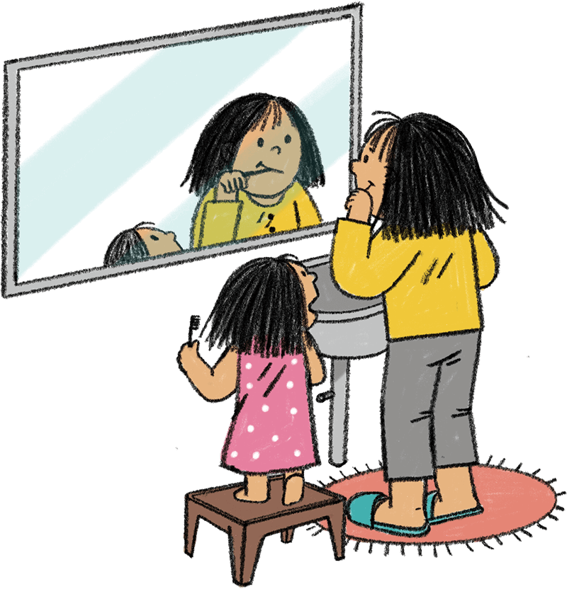Illustration of mom brushing teeth in front of mirror with child watching and holding their toothbrush