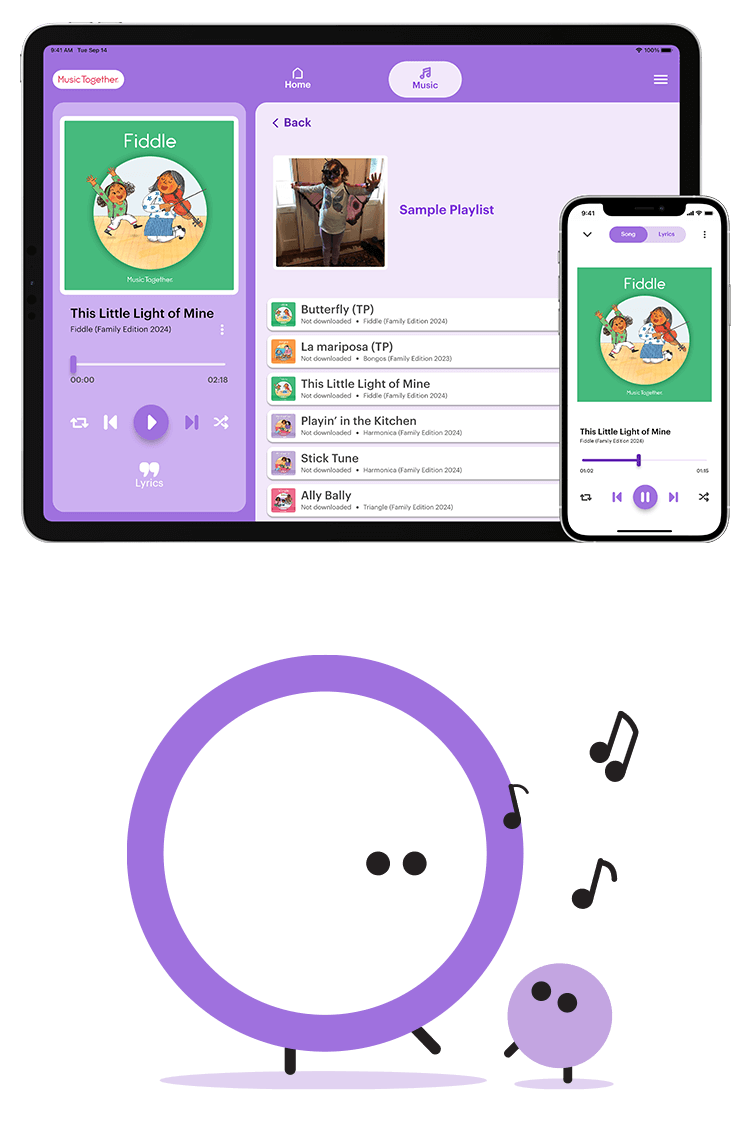 Image of playlist of songs on Music Together App and illustration of balls with eyes and legs dancing with music notes