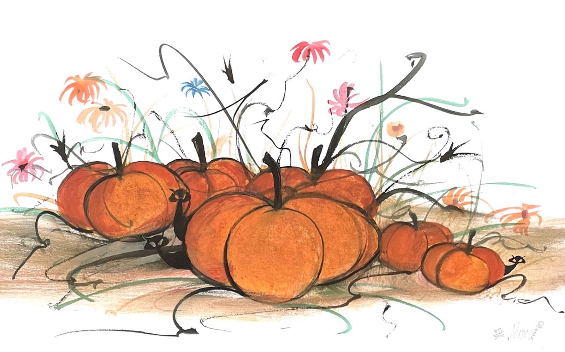 Hangin' in the Pumpkin Patch original watercolor painting by P. Buckley Moss