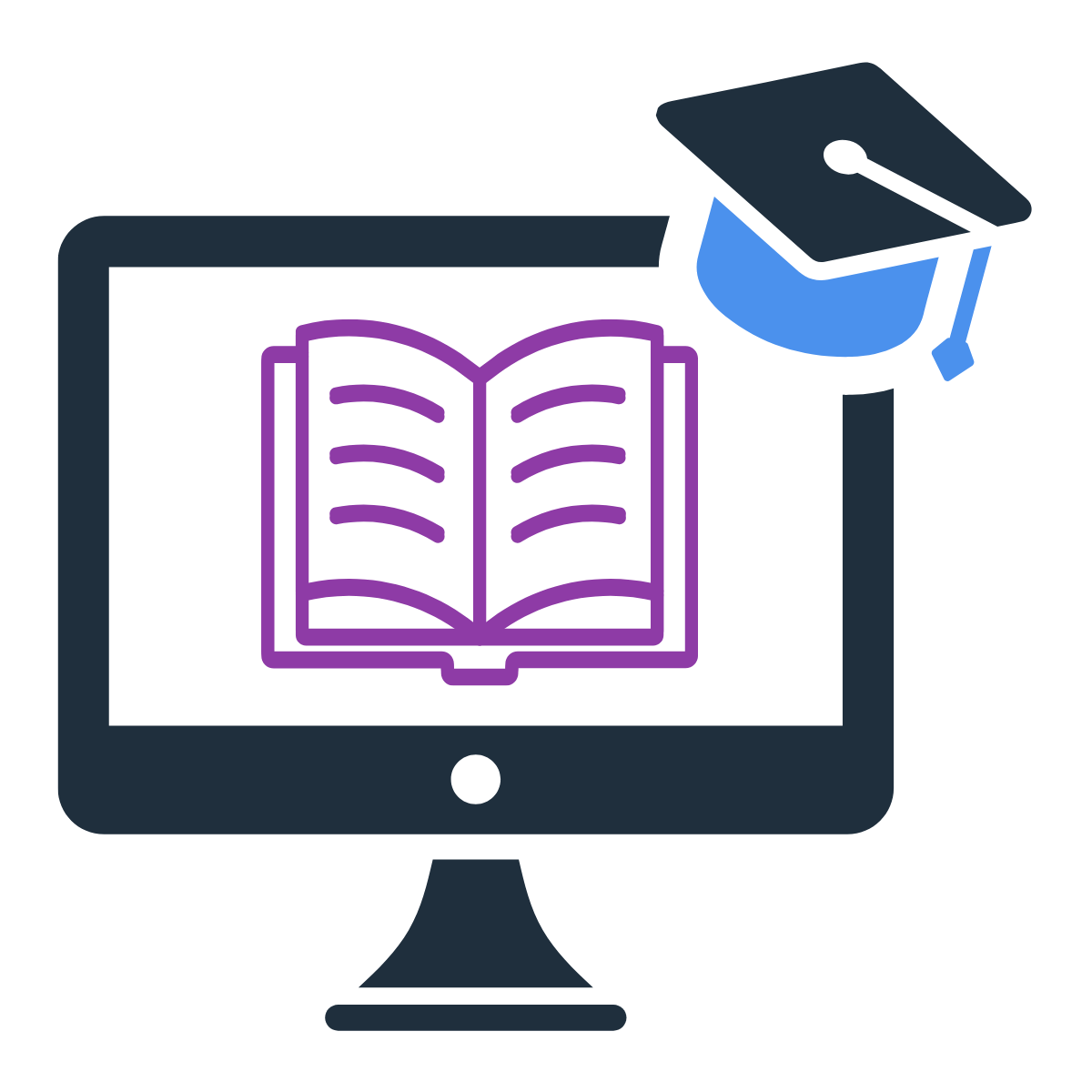 illustration of a computer with a book on the screen and a graduation cap on top