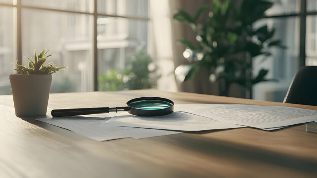 piece of paper with a magnifying glass resting on top of a table