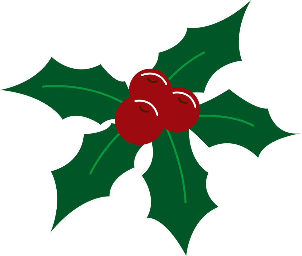 Three red holly berries with green leaves.
