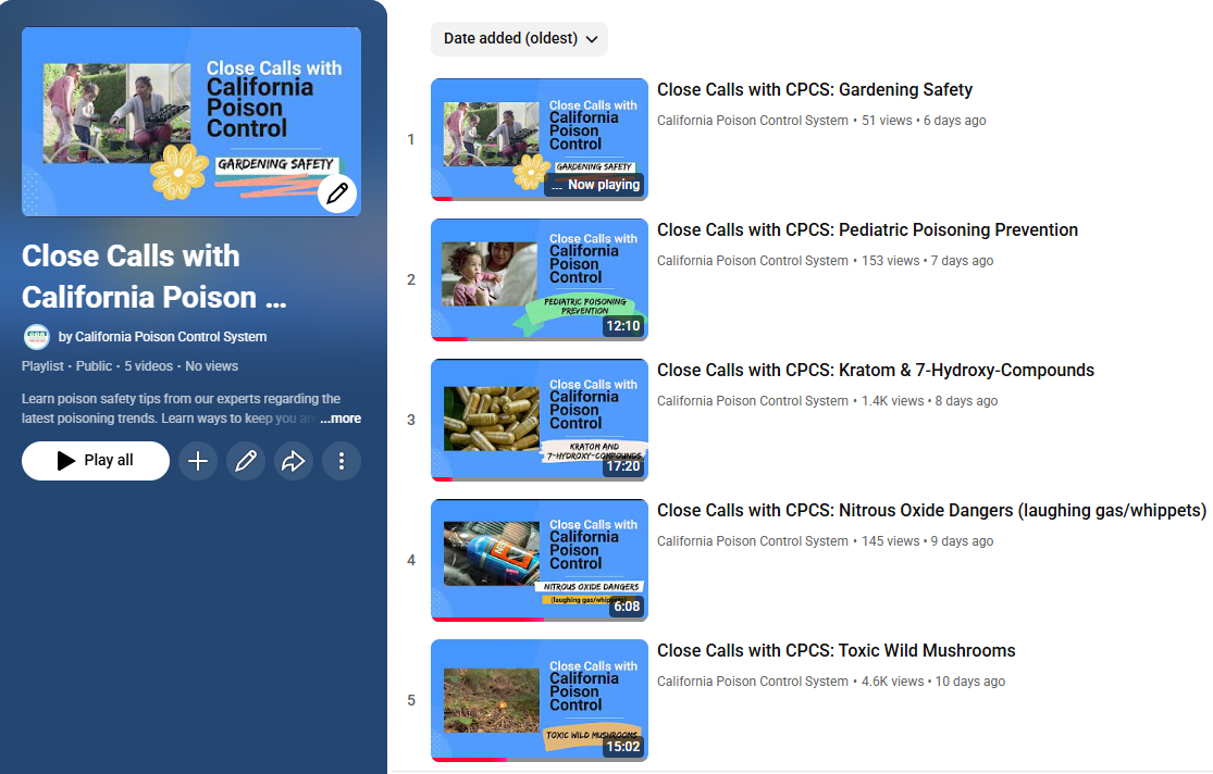 Screenshot of the 2026 Close Calls with CPCS video series including 5 new episodes available on the California Poison Control Systems YouTube Channel.