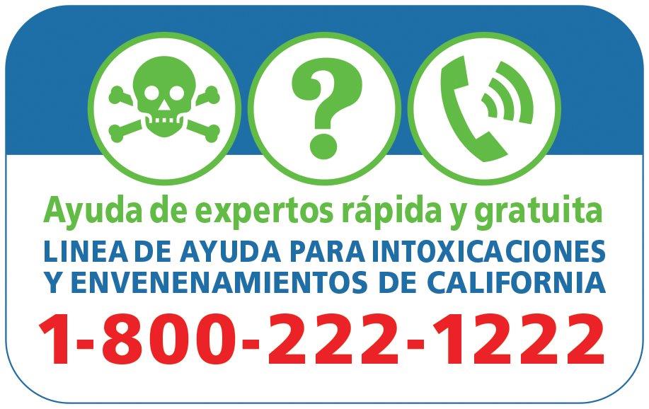 Spanish California Poison Control logo. Fast free expert help. Call the 24-hour hotline 1-800-222-1222.