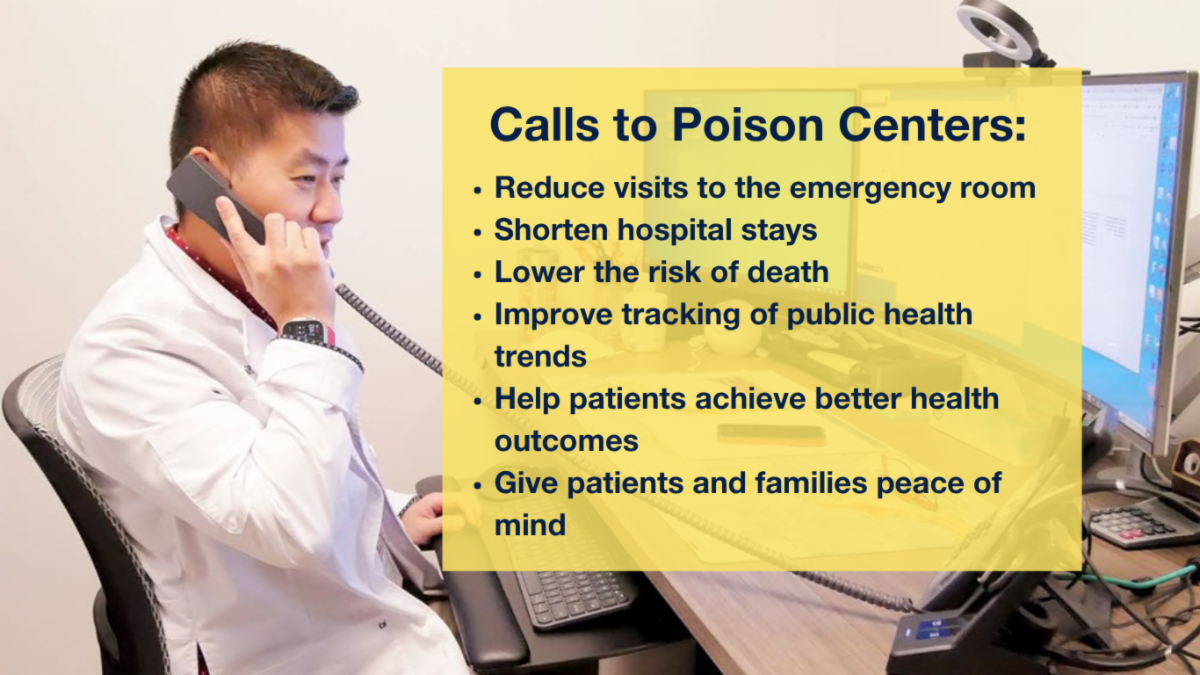 Poison Hotline staff member answering phone call with text description of benefits from calls to the Poison Hotline.