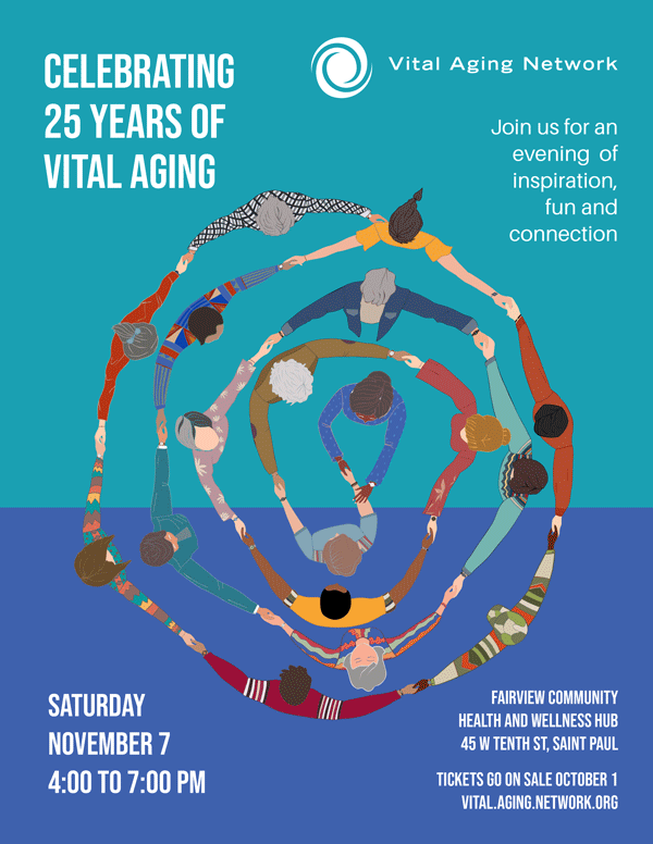 Flyer Celebrating 25 Years of Vital Aging with a spiral of people holding hands