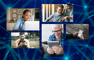 Collage of smiling people looking at their computers and digital devices atop a background of a graphic of interconnected lines and nodes