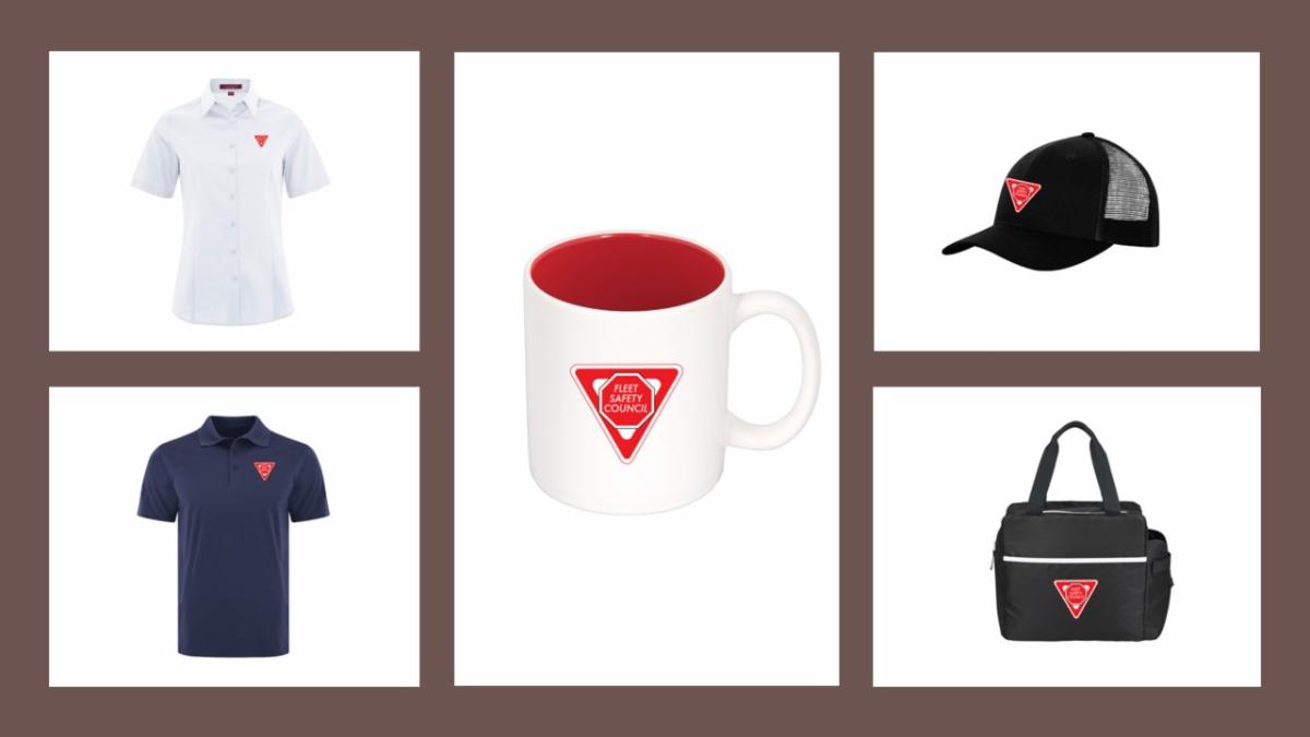 Merchandise that's available in the Fleet Safety Council Online Store, including hats, shirts, mugs, and bags..