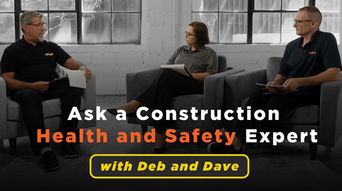 IHSA's Ken Rayner, Deb Moskal, and Dave Dametto sit in grey armchairs and discuss workplace health and safety. Text overlay shows the series title: Ask a Construction Health and Safety Expert with Deb and Dave.