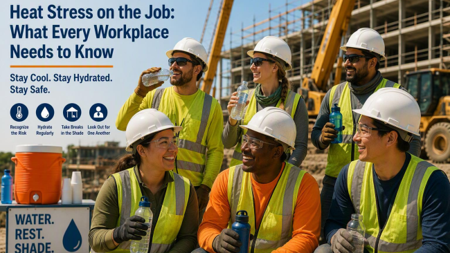 Workers in personal protective equipment drink water at a jobsite.