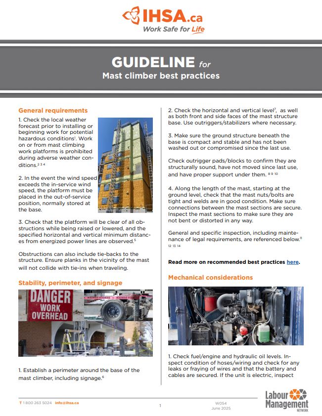 The first page of IHSA's guideline for mast climber best practices 