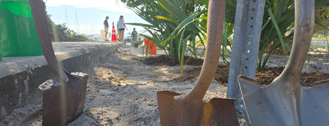 shovels ready to dig along a seawall