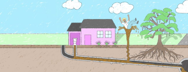 illustration showing exaggerated consequence of a lateral sewer line rupture