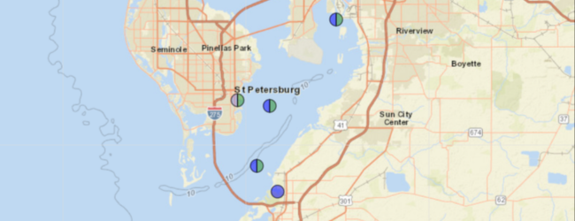 A map of Tampa Bay showing five TBON sites
