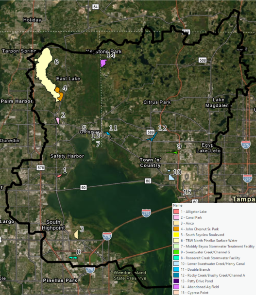 map showing the locations of the 15 project concepts around old tampa bay