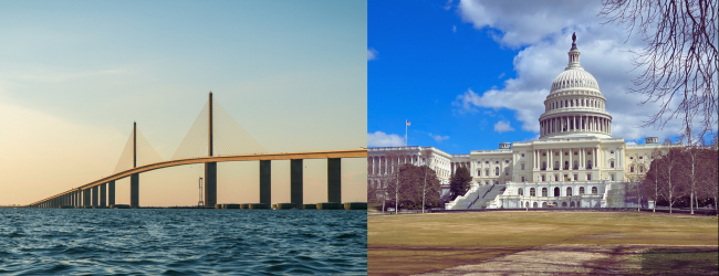The Sunshine Skyway bridge over Tampa Bay and the U.S. Capitol