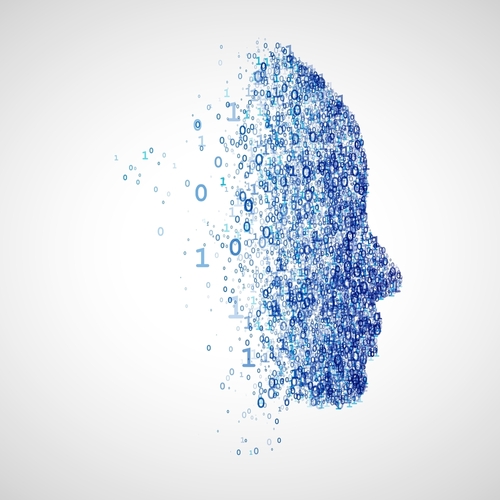 Vector profile of a human face formed by scattered binary numbers symbolizing data_ AI_ and digital transformation in an abstract style.