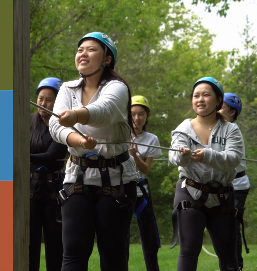 group of team building participants at the ropes course
