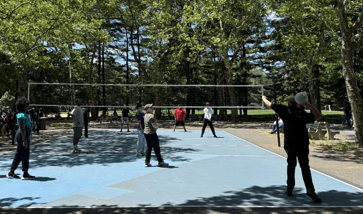 A volleyball court with people as one person prepares to serve the ball. 