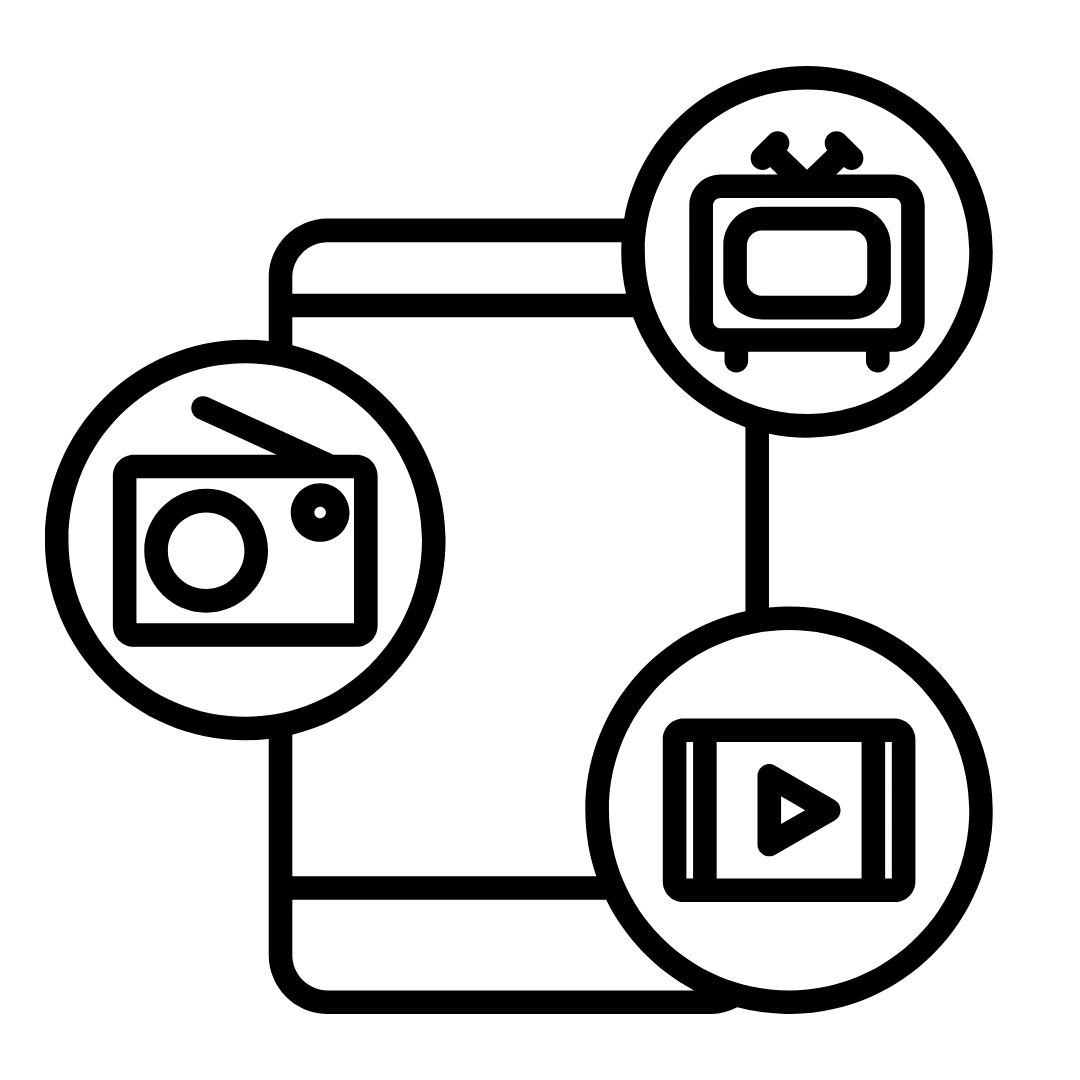 A black and white graphic shows a TV screen and computer screens.